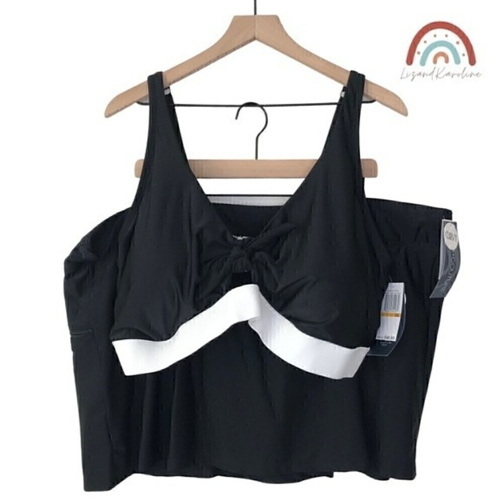 New! Aqua Couture Two Piece Black Bikini Top Swim Skirt Swimsuit Plus Size 3X
